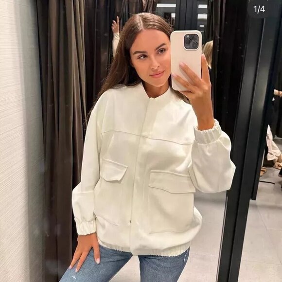 New Zara Oversized Linen Blend White Bomber Jacket Blogger Favorite NWT Medium - Picture 5 of 16